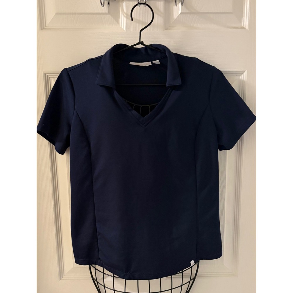 Guru Golf Womens Navy Blue Short Sleeve V-Neck Polo Shirt Sz M EUC Golf Active